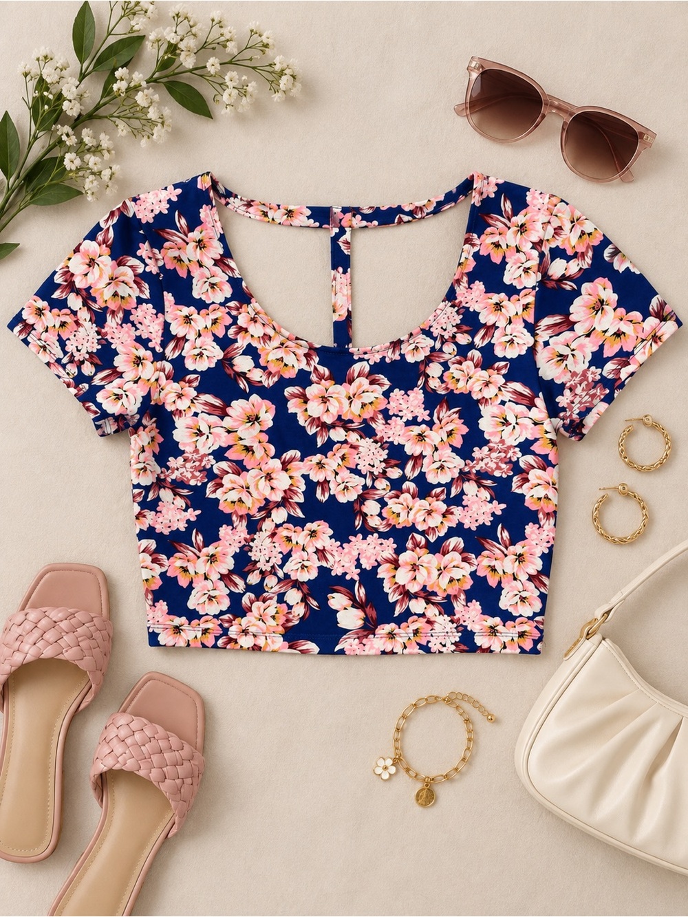 Charlotte Russe Navy Floral Print Cutout Top Size Medium